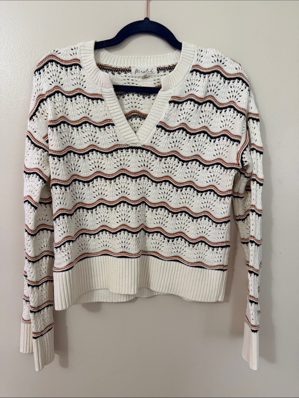 MARBLE Cream V-Neck Open-Knit Sweater with Black and Rust Stripes